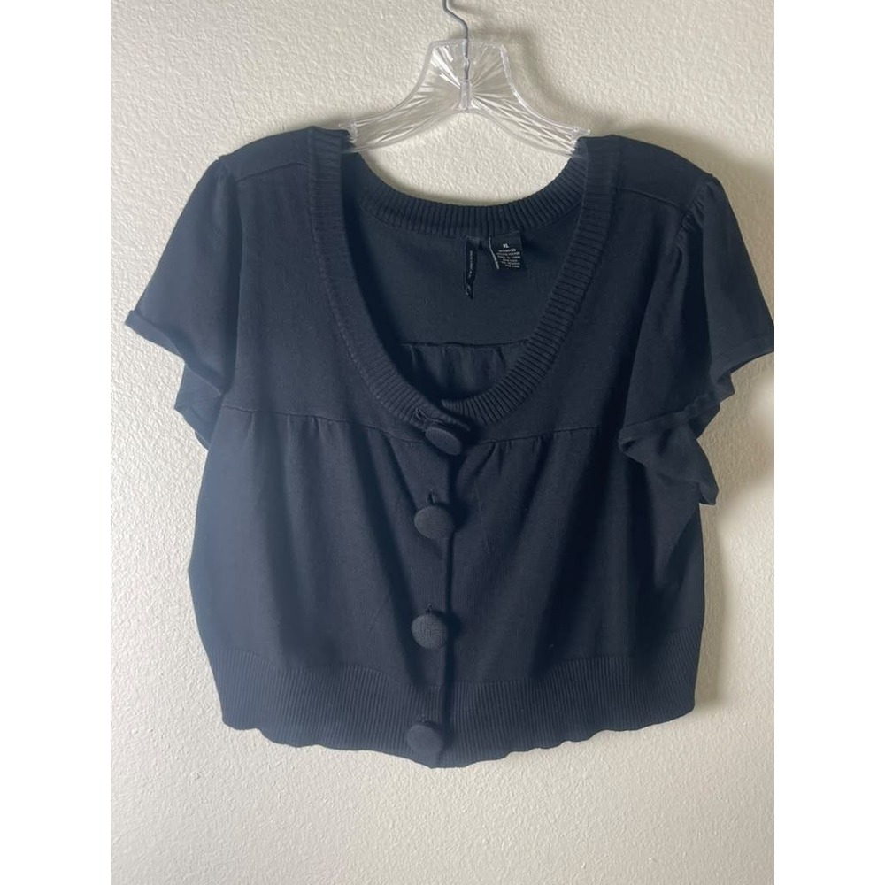 New Directions Black Short Sleeve Cropped Cardigan Sweater Scoop Neck XL